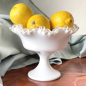 Fenton Glass Silver Crest Compote Pedestal Bowl Large Double Crimped 1950’s Fenton Footed Dish Cottage Style Shabby Chic Home Decor GC533