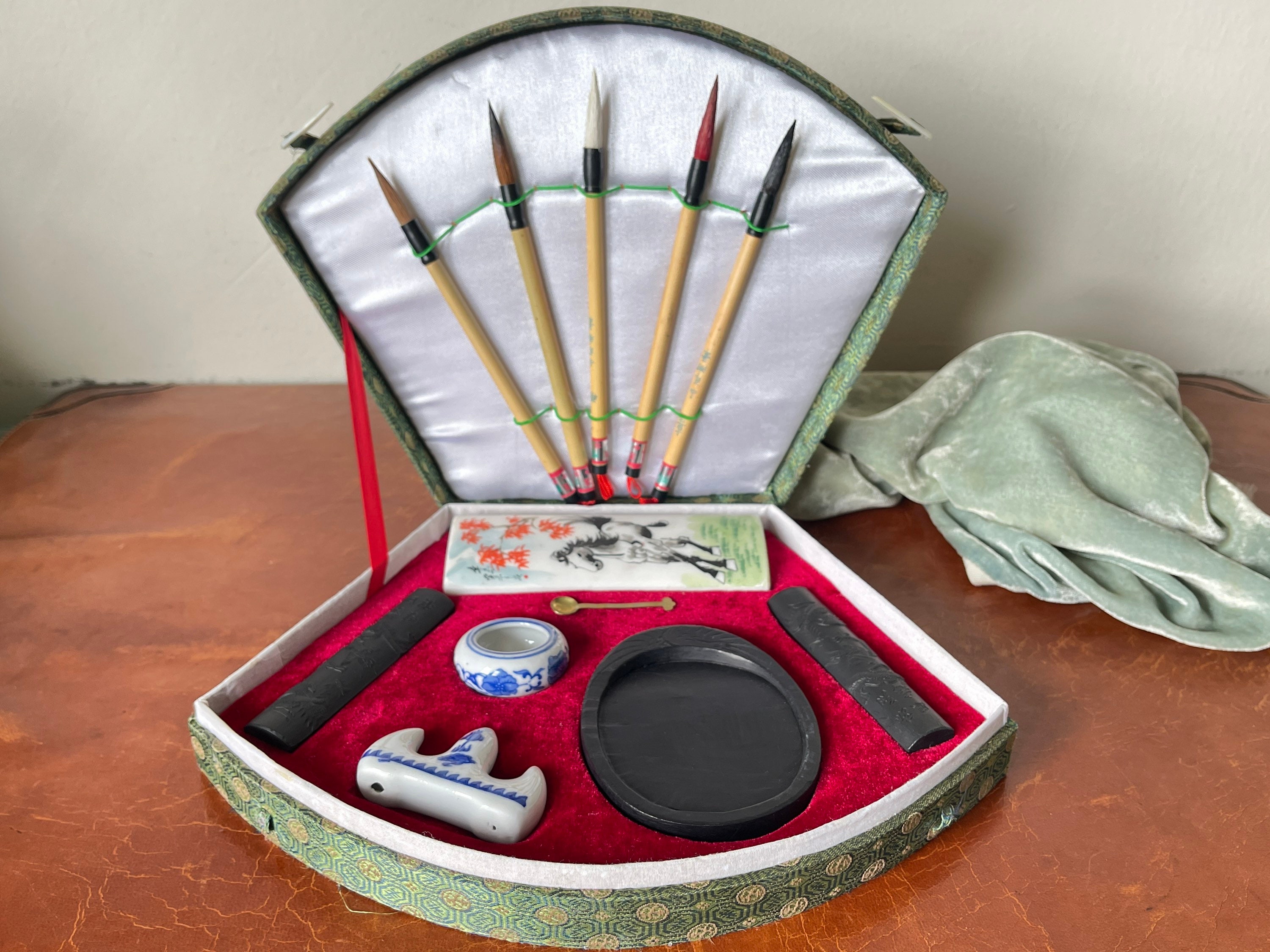 Calligraphy Set Inkstone Brush Japanese Writing Tools Silk Covered Storage  Box