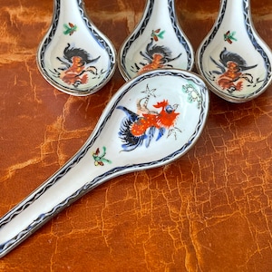 Antique Chinese Republic Era Famille Verte Spoons Set of 4 Hand Painted Soup Spoons Porcelain Rooster Design Spoons Circa 1920’s PC2440