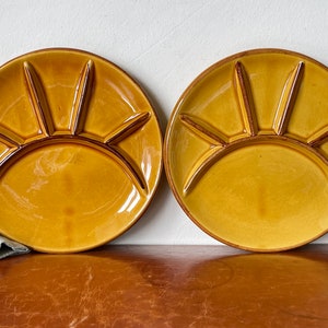 Vintage French Aegitna Vallauris Divided Fondue Plates circa 1960’s Amber Glaze Set of 2 Mid Century Dinnerware PC3000