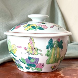 Vintage William Sonoma Hand Painted Chinese Enamel Canister Rare Mille Fleur Porcelain Butterfly and Melon Flower Lidded Jar PC4039