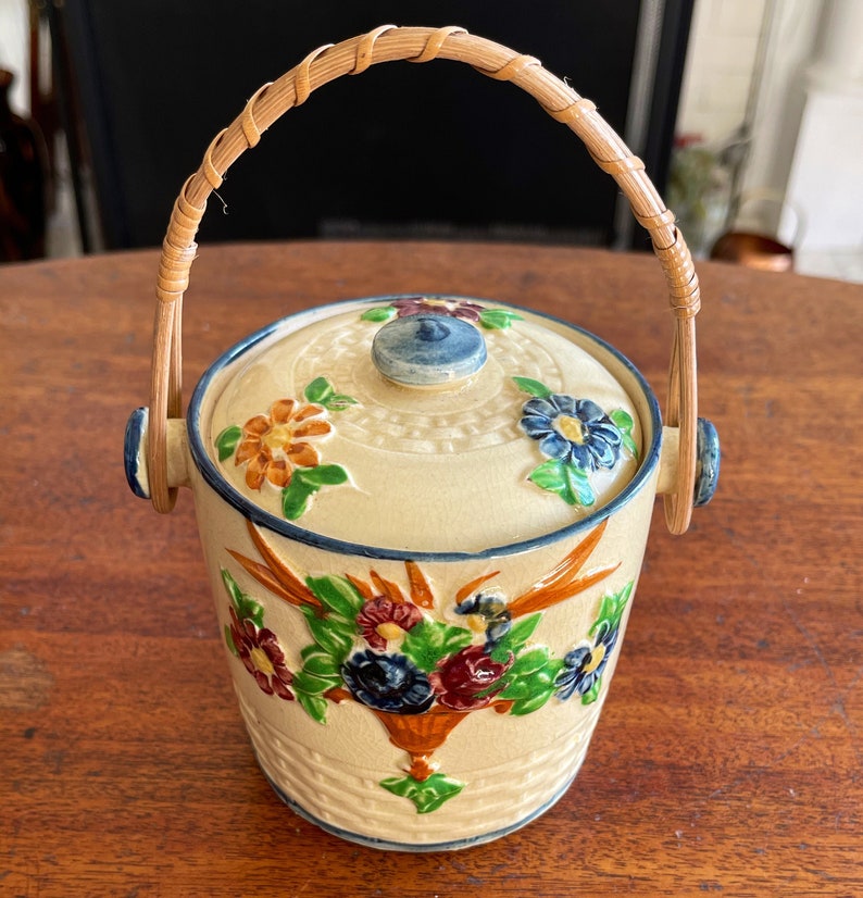 Japanese Hand Painted Majolica Biscuit Jar Lidded Floral Etsy