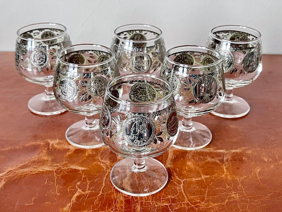 Culver Cocktail Glasses Set of 6 Midas Silver Coin Design Brandy Cognac  Glasses Mid Century Modern Barware Like New Condition, GC018 