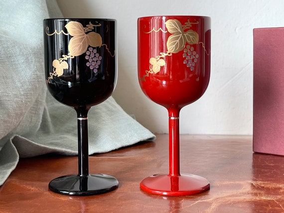 Japanese Lacquer Wine Glasses Set of 2 Gilded and Hand