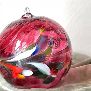 Vintage Poland Art Glass Christmas Tree Ornament Pink and Multicolored Swirled Mosaic Blown Art Glass Bauble Artist Made OR1551