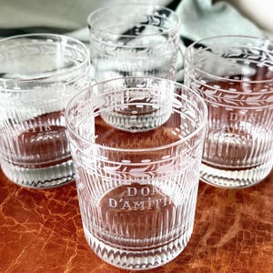 French Crystal Double Old Fashioned Whiskey Glasses Set of 4 Etched Leaded Crystal Friendship Souvenir Glasses Made in France GC790