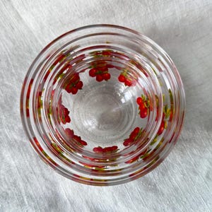 May include: Clear glass bowls, nested, with a red and green floral pattern. The bowls are arranged in a stack, with the smallest bowl inside the largest. The floral pattern is repeated around the rim of each bowl.