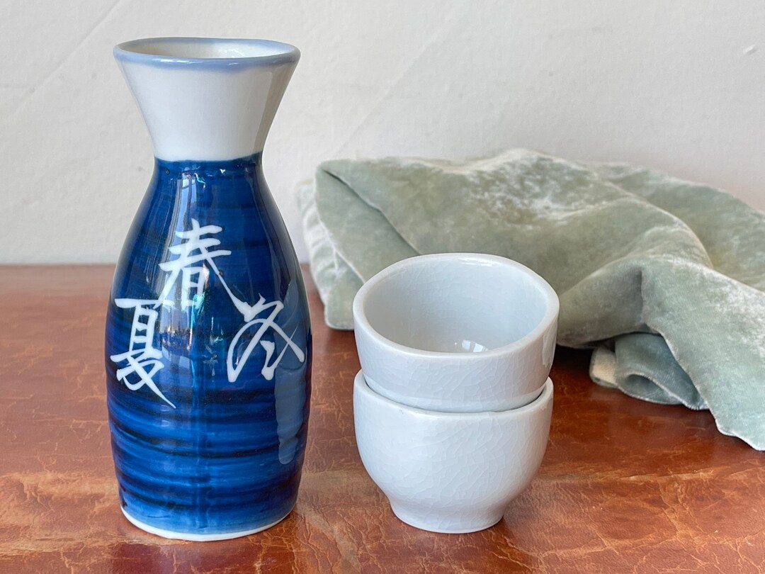 Vintage Hand Painted Japanese Porcelain Sake Set 3 Piece Blue and