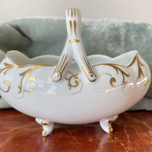 Antique French Limoges Footed Candy Dish Basket Porcelain Basket Serving Dish with Gold Scroll Detail Made in Limoges France PC2775