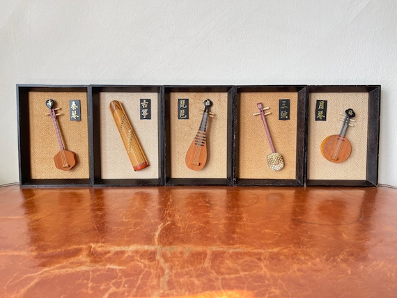 Vintage Chinese Miniature Musical Instruments Framed Pictures Set of 4 Wall  Hang