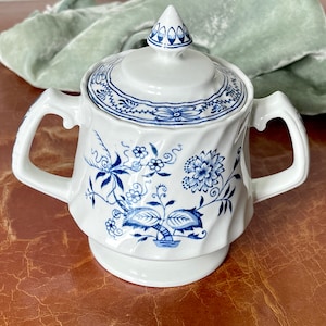 Old Staffordshire Blue Onion Sugar Bowl Wood and Sons Blue Fiord  Pattern Covered Sugar Bowl Ironstone England 1950’s PC2846
