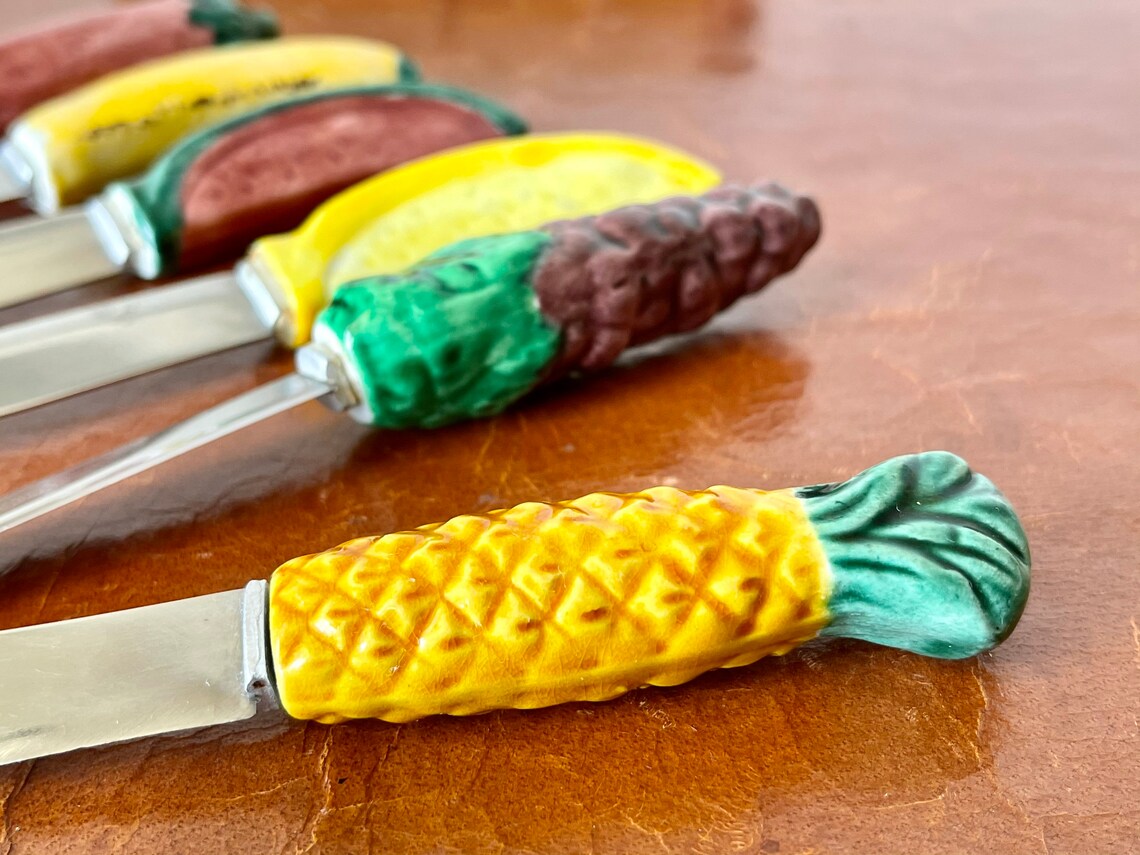 Vintage Ceramic Cheese Knife Set of 6 with Basket/ Made in Etsy