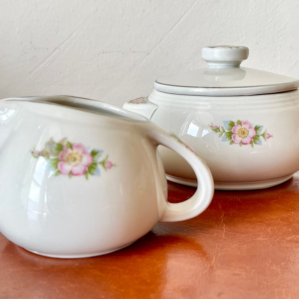 Vintage Hall Rose White Creamer and Covered Sugar Bowl Tab Handled Drip Jar with Lid & Sani Grid Cream and Sugar Set PC598