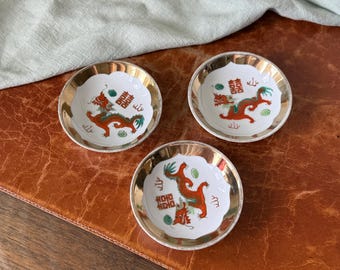 Chinese Porcelain Dragon and Flaming Pearl Sauce Bowls Set of 3 Hand Painted Chinese Double Happiness Dishes PC4837