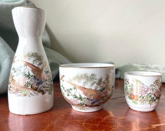 Juego de 3 tazas de té y sake japonesas Kutani con diseño floral de faisán, cerámica japonesa de los años 60 PC2986