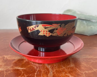 菓子器 鉢L Vintage Japanese Lacquerware Bowl and Plate Hasagawa Made in