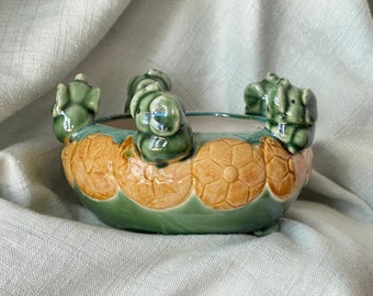 Vintage Celadon Majolica Pottery Elephants Bowl Dish Planter Hand Painted Figural Elephant Bowl PC3292