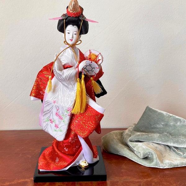 Vintage Japanese Geisha Doll Hina Matsuri Attendant  Hand Painted Face Silk Kimono and Hair Ornaments on Lacquer Stand SI1280