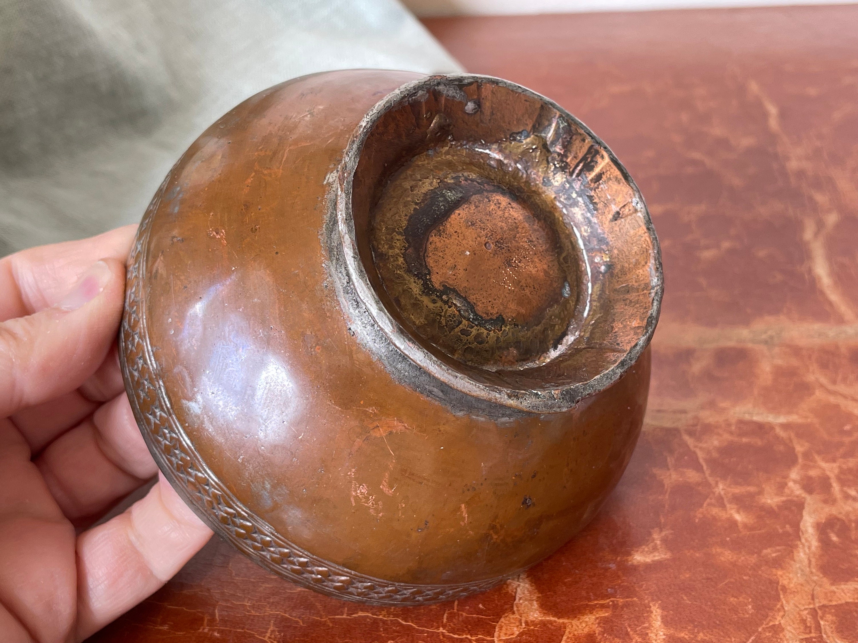 Antique Indian Copper Bowl Hand Forged Etched and Hammered Antique Indian Copper Bowl Hand Forged Etched and Hammered