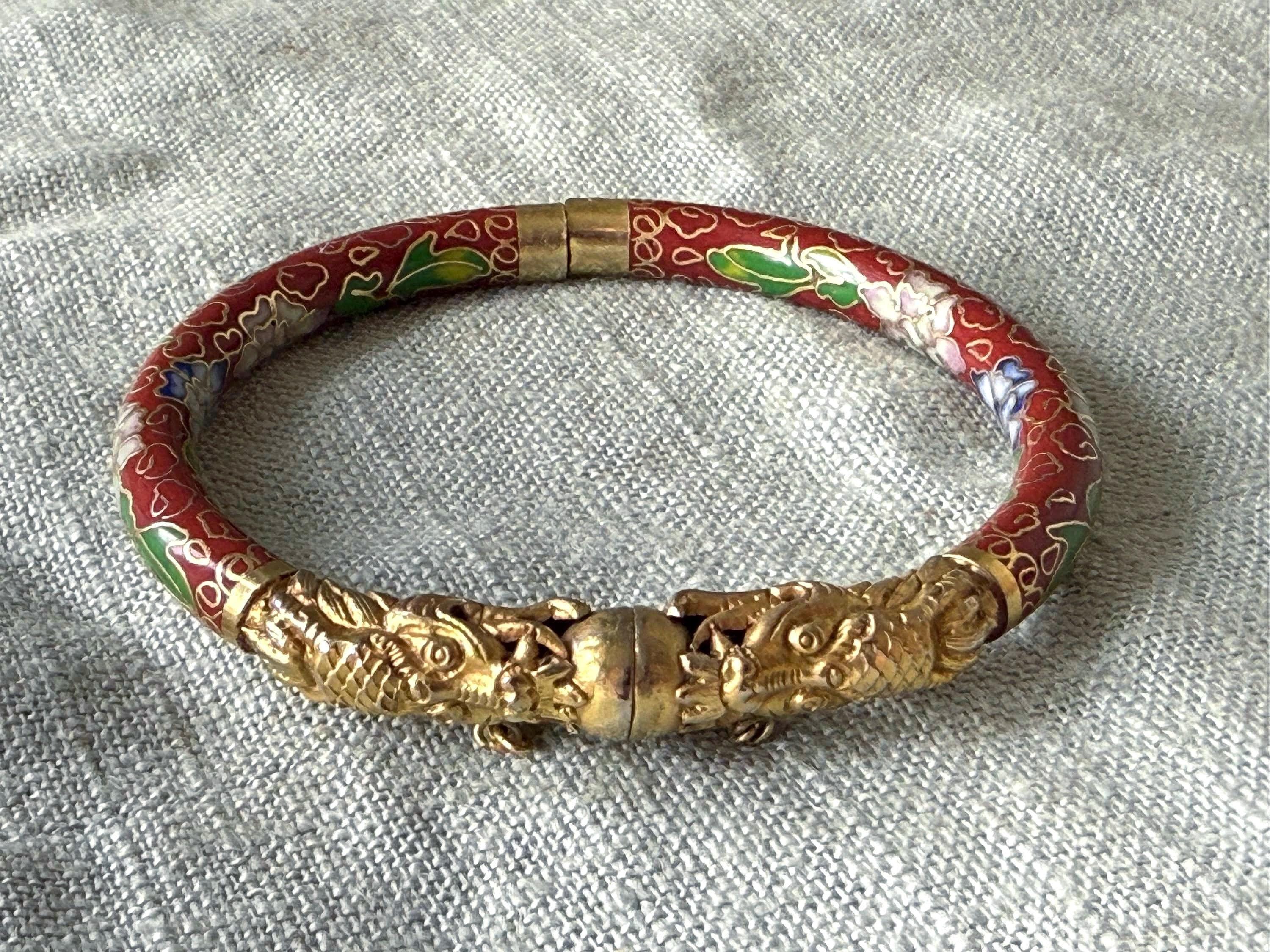 Vintage Cloisonne Dragon Head Bangle Bracelet Red Enamel Floral Genuine…