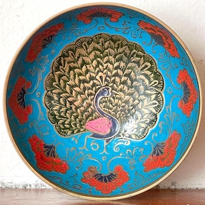 Vintage Enameled Brass Peacock Bowl with Hand Painted Enamel Design Made in India SI1795