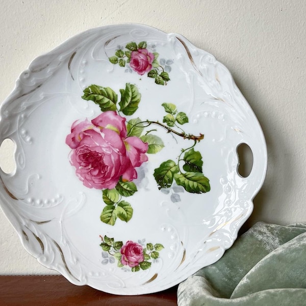 Antique Bavaria Cake Serving Plate Pink Rose with Cut Out Handles 1910-1920 Lehmann Arzberg Red Lion Bavaria Mark, PC2844