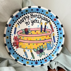 Happy Birthday Platter Large Birthday Cake Plate Art Pottery Birthday Platter by Chris Bubany Studio Tucson Arizona PC4649