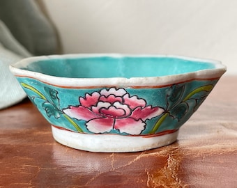 Antique Chinese Qianlong Turquoise Enameled Small Lobed Floral Bowl 1891-1921 marked CHINA Hand Painted Bowl PC3403