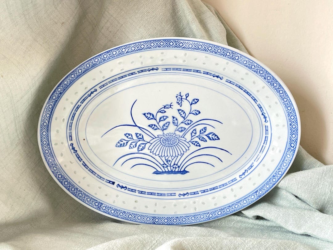 Chinese Rice Grain Pattern Porcelain Oval Serving Platter Medium 12.25 ...