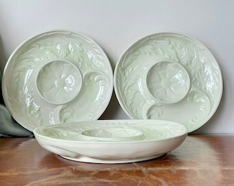 Vintage Celadon Pottery Artichoke Plates Set of 3 Rare Pale Green Glaze Divided Plates Shabby Chic Home Pottery PC3366