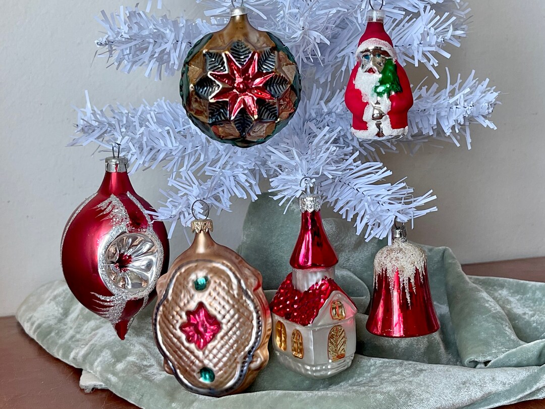 Vintage Mouth Blown Glass Christmas Ornaments Set of 6 Hand Painted Glass Ornaments Made in