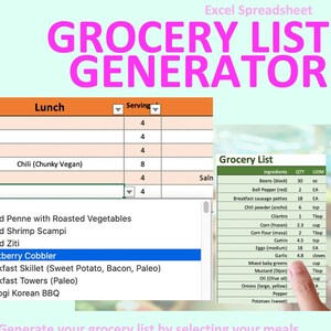 May include: A digital display shows an Excel spreadsheet labelled "GROCERY LIST GENERATOR." The spreadsheet features a meal selection menu and a grocery list with ingredients, quantities, and units. The text "Generate your grocery list by selecting your meals" is also visible.