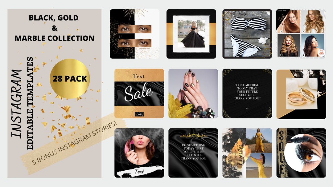 Editable Instagram Post Templates – Black, Gold & Marble – Canva - Etsy