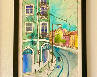 Watercolor painting-Lisbon,Portugal-Original Handpainted-Urban sketch-Pen and Watercolor-Line and wash-Travel sketch-Cityscape-European City