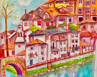 Original watercolor painting-Asturias Spain-Urban sketch-ink and watercolor-Cityscape-Architectural-Travel sketch-not print-signed