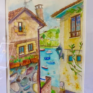 Origineel aquarelschilderij-Cantabrië, Spanje-stedelijke schets-inkt en aquarel-stadsgezicht-architectuur-reiskunst-Europees dorp-niet afdrukken-