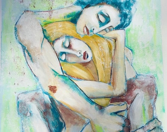 May include: A painting of two people embracing. The person on the bottom is wearing a blue shirt and the person on top is wearing a yellow shirt. The painting is done in a loose, expressive style with a lot of brushstrokes.