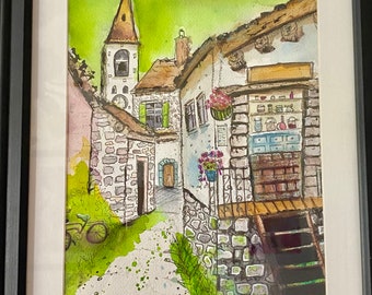 Original watercolor of European village-Urban sketch-ink and watercolor-Travel-One Of A Kind-not a print-Art Gift-Wall art-old architecture
