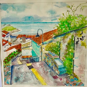 Original watercolor painting-Asturias Spain-Urban sketch-ink and watercolor-Cityscape-Architectural-Travel Art-European Village-not print