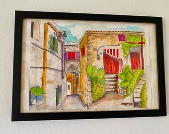 Original watercolor painting-Calabria Italy-Urban sketch-ink and watercolor-Cityscape-Architectural-Travel sketch-not print-X-mas gift