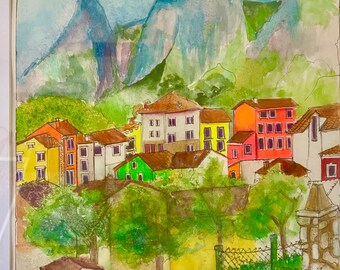 Aquarelle originale-esquisse-encre et aquarelle-paysage urbain-architecture ancienne-voyage-art-voyage-village européen