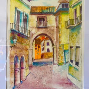 Original watercolor painting-Asturias Spain-Urban sketch-ink and watercolor-Cityscape-Architectural-Travel Art-European Village-not print-
