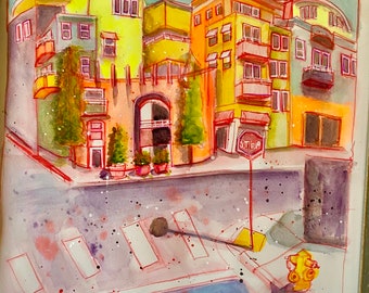 Original watercolor painting-Little Italy San Diego-Urban sketch-ink and watercolor-Cityscape-Architectural-Travel sketch-not print-signed