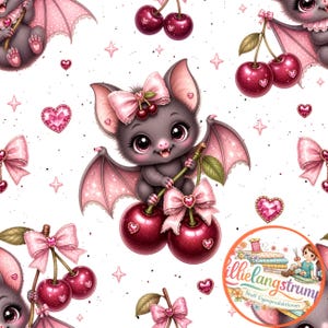 Könnte beinhalten: Ein sich wiederholendes Muster mit einer Cartoon-Fledermaus mit rosa Flügeln, Schleifen und Kirschen auf weißem Hintergrund. Die Fledermaus ist grau mit großen Augen und einer rosa Schleife. Kirschen und herzförmige Edelsteine sind ebenfalls verstreut.