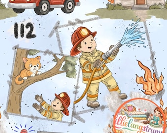 Tejido: Producción propia, Bombero en acción, por metro, tejido infantil, jersey, felpa francesa, muselina, jersey acanalado n.º 229