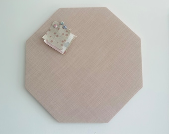 Octagon shaped soft pink fabric covered cork board / pin board