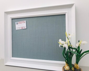 White framed duck egg fabric covered notice board / pin board