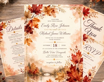 Op de afbeelding: Een set trouwkaarten bestaande uit een uitnodiging, detailkaart, RSVP-kaart en bedankkaart. Elk item is voorzien van een aquarelrand met herfstbladeren in rood-, oranje- en goudtinten, met elegante zwarte tekst op een crèmekleurige achtergrond.