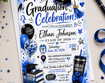May include: A graduation celebration invitation card featuring blue and black watercolor accents, a graduation cap, balloons, and a stack of books. The text reads Graduation Celebration, Ethan Johnson, Class of 2026, June 20, 2026, 2:00 PM, and Grad Mode On.
