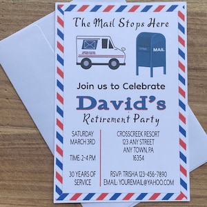 Invito al pensionamento di The Mail Stops Here, inviti per la festa di pensionamento di un impiegato postale, biglietti d'invito per postino in pensione